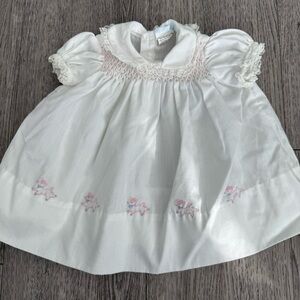 Nannette smocked White Baby Dress with Pink Embroidery
